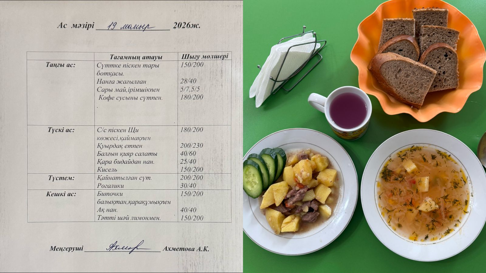 Бүгінгі ас мәзірі. Түскі ас.